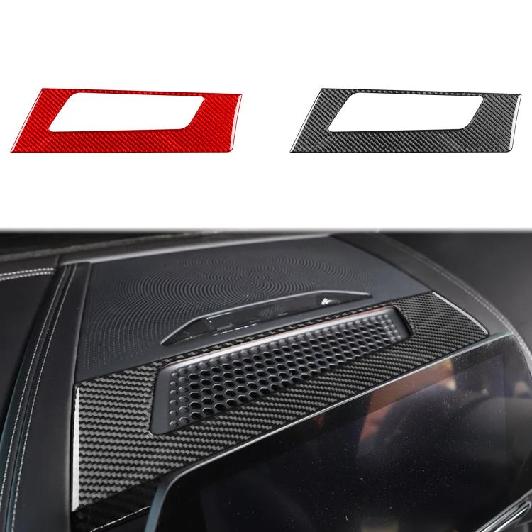 Carbon fiber dashboard speaker frame stickers in red and black, rectangular opening
