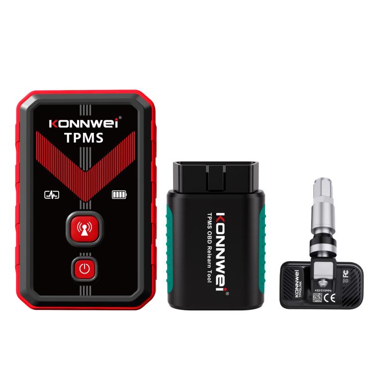 TPMS monitor with red/black housing and two TPMS sensor modules, front and side views