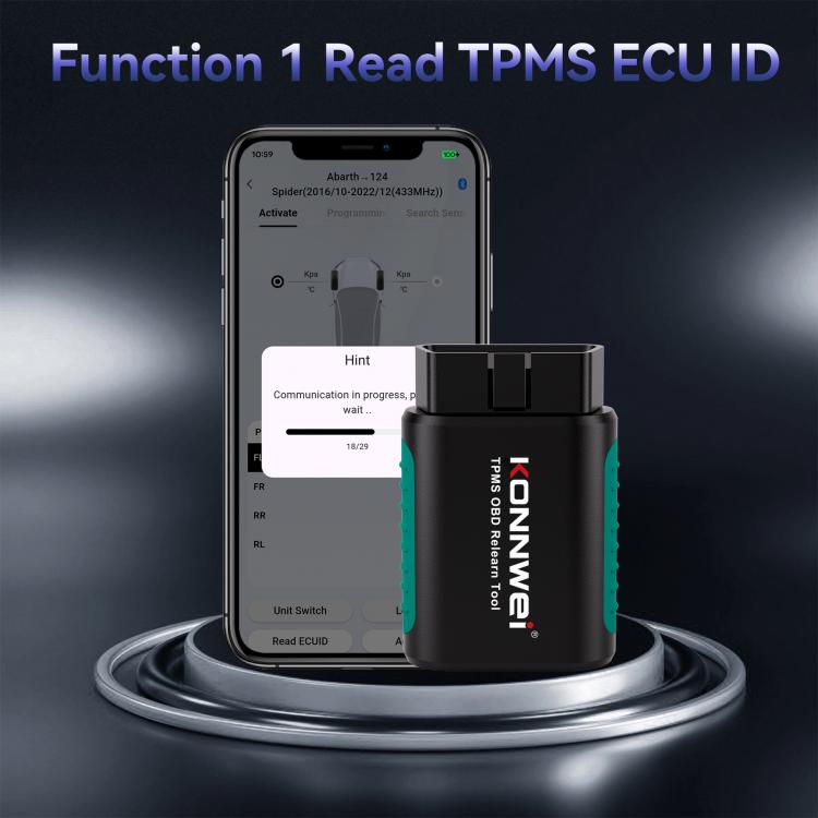 KONNWEI TPMS ECU ID reader, black OBD connector module with green side