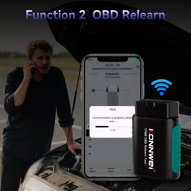 KONNWEI OBD relearn TPMS connector, black and teal module