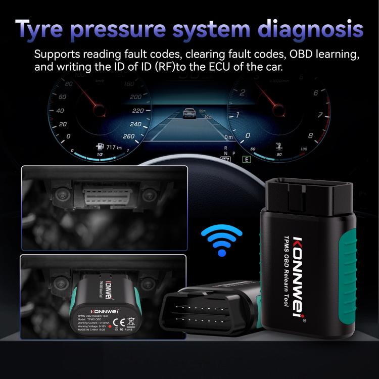 KONNWEI TPMS diagnosis OBD scanner, black connector with cable and Wi-Fi icon
