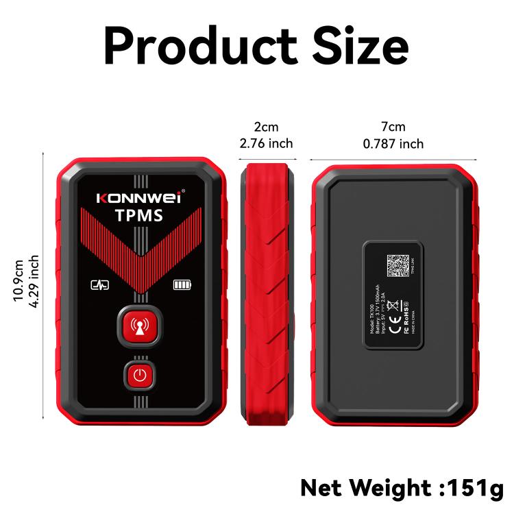 TPMS monitor in red/black showing front view, side thickness, and back view