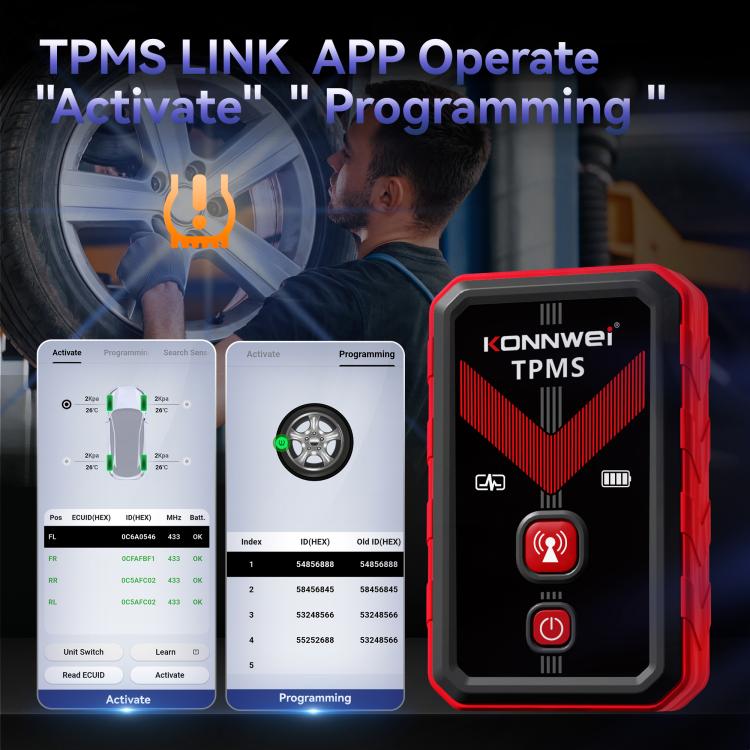 TPMS monitor with smartphone app interface and red/black sensor display
