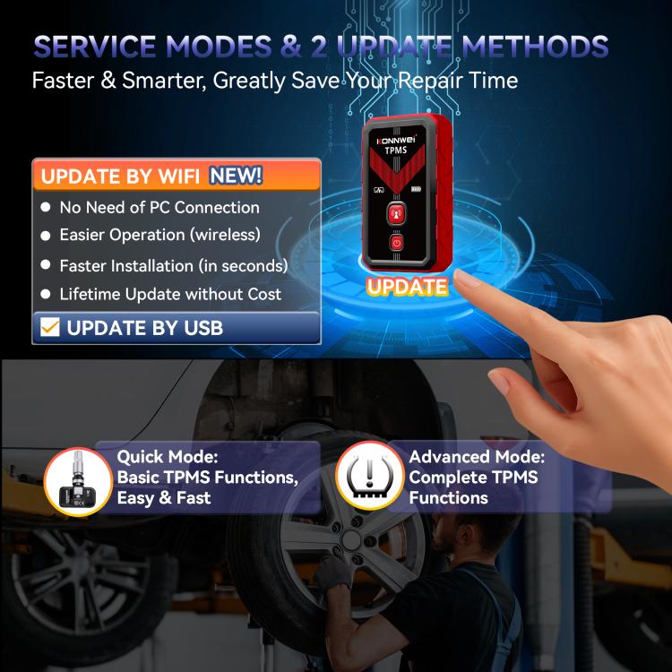 TPMS monitor with update controls, plus quick-mode and advanced-mode icons