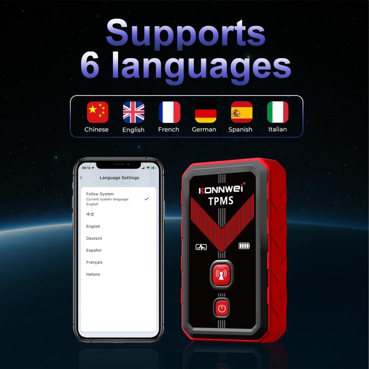 TPMS monitor with red/black case and smartphone language settings screen
