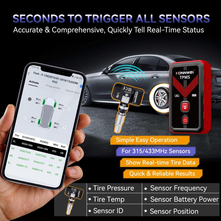 TPMS monitor with smartphone app status screen and TPMS sensor valve modules