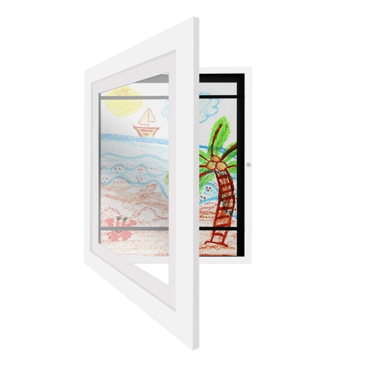 White magnetic front-open art frame with inner panel showing colorful kids artwork