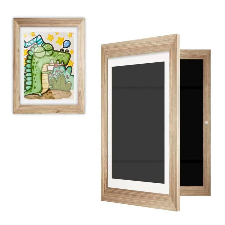 Light wood magnetic front-open art frame with inner black panel and small picture