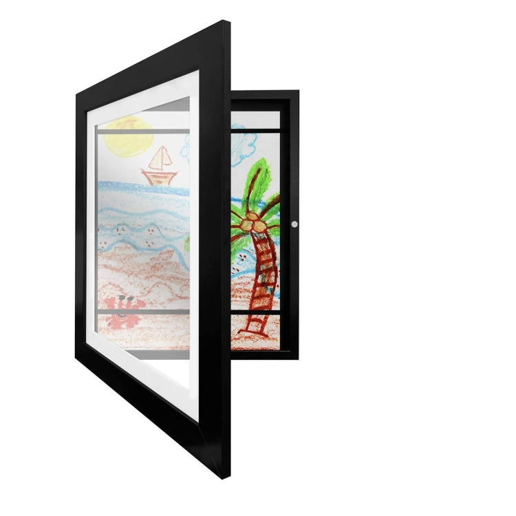 Black magnetic front-open art frame shown slightly open with colorful drawing inside