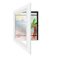 White magnetic front-open art frame shown slightly open with colorful drawing inside
