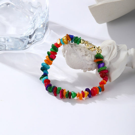 Multicolor beaded bracelet anklet with gold-tone clasp, chunky gravel-style stones