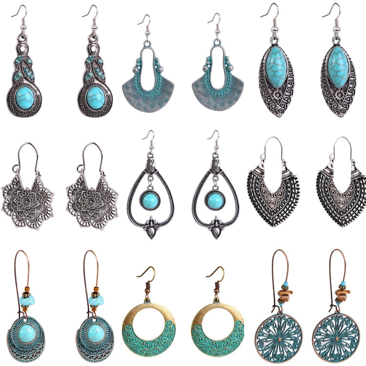 Assorted turquoise boho earrings with multiple shapes and silver-tone hooks