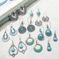 Turquoise boho earring assortment with various silver-tone designs and teardrop beads