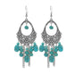 Turquoise ornate chandelier earrings with bead tassels and silver-tone hooks