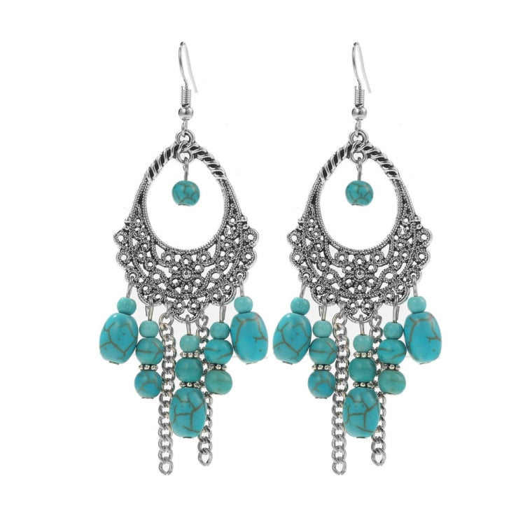 Turquoise ornate chandelier earrings with bead tassels and silver-tone hooks