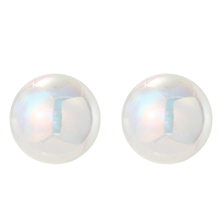 Iridescent white pearl ball stud earrings with blue-toned sheen and metal posts