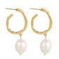 Gold hoop dangle earrings with white pearl drop