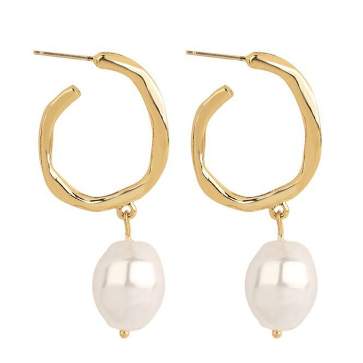 Gold hoop dangle earrings with white pearl drop
