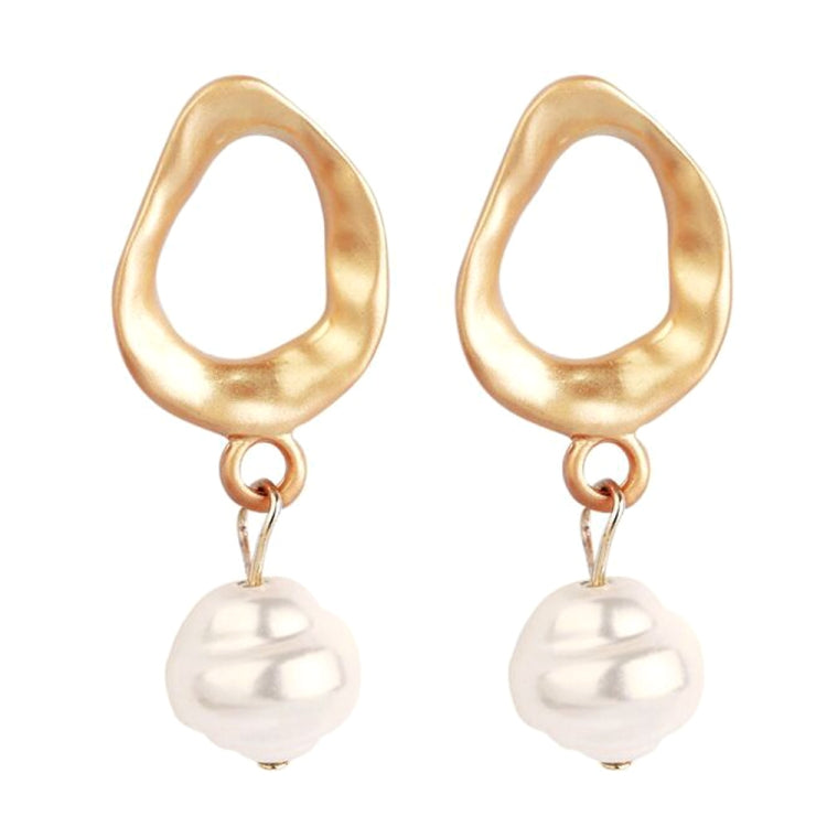 Gold teardrop hoop earrings with white pearl drop