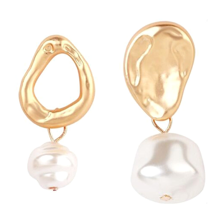Gold textured teardrop hoop earrings with large white pearl drop