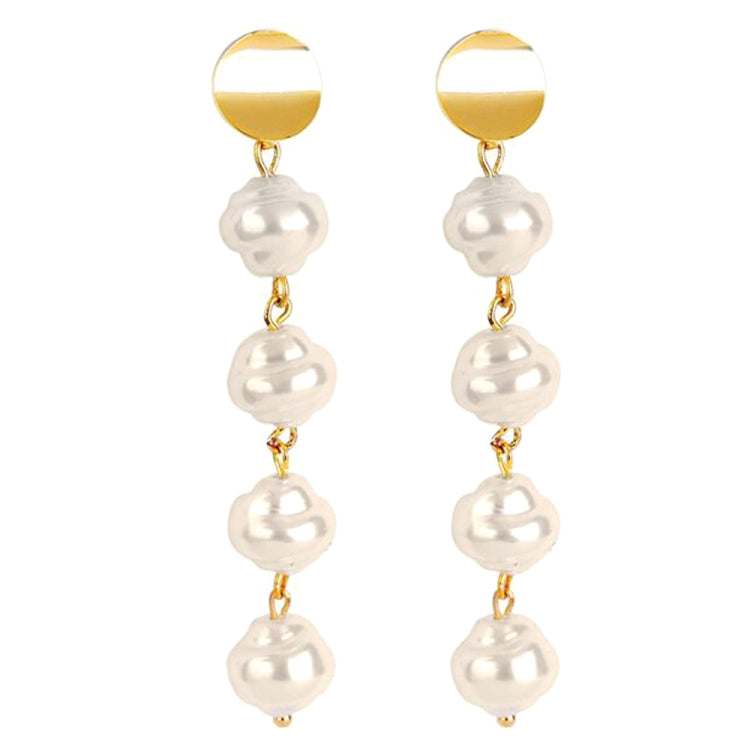 Gold top dangle earrings with three-tier white pearl drops