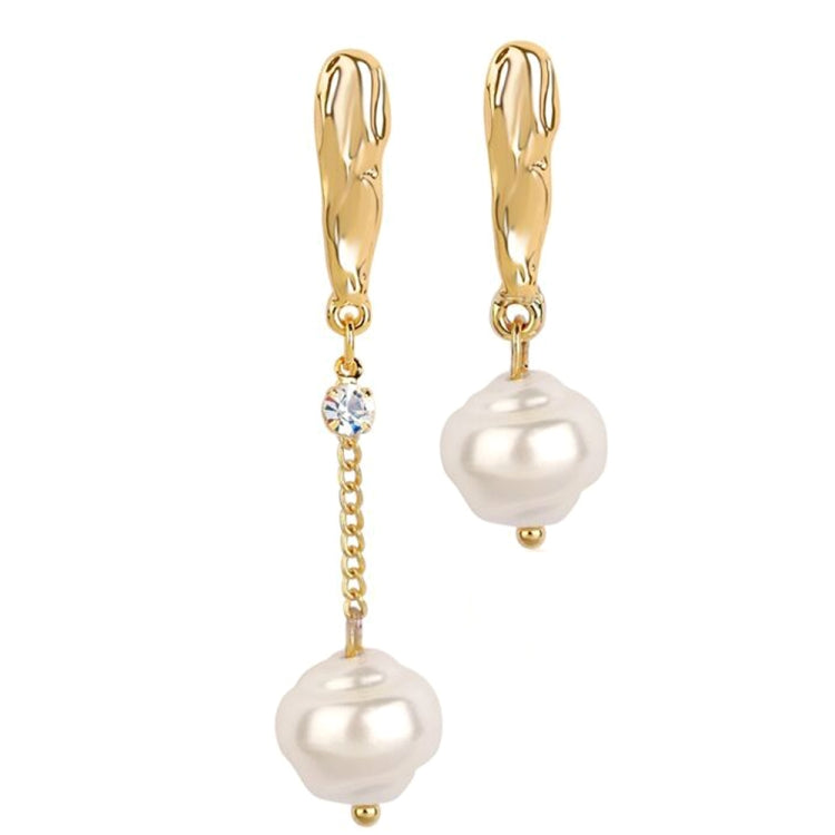 Gold dangle earrings with chain links, small crystal, and two white pearls