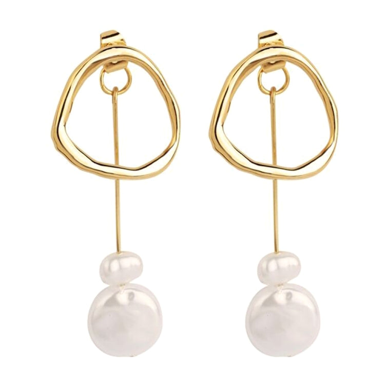 Gold-tone drop earrings with layered white pearls and curved hoop top