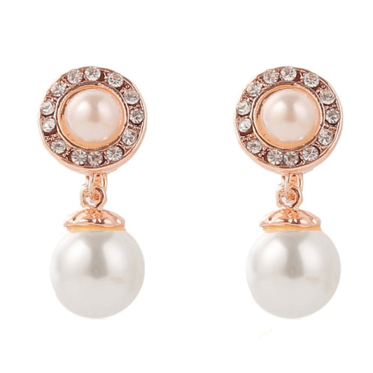 Rose gold tone pearl ear clip earrings with round halo crystal setting, dangling pearl