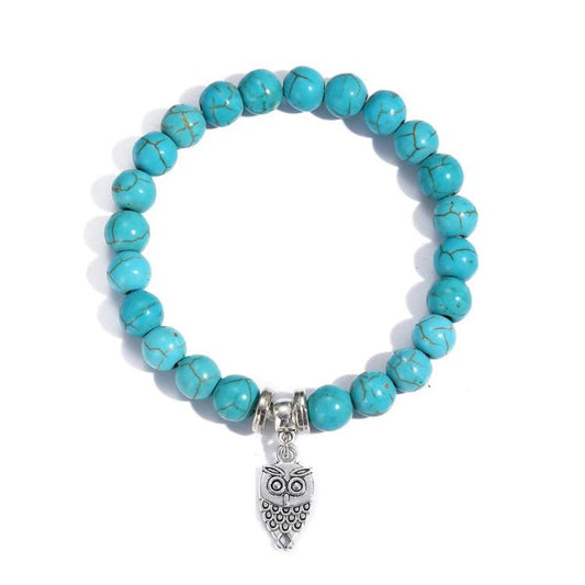 Turquoise beaded bracelet with silver owl charm and clasp