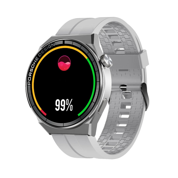 Silver smart sports watch with round touch screen and textured silicone strap