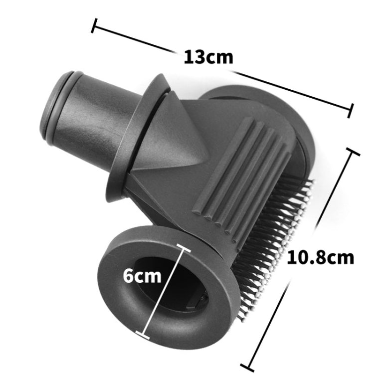 Dark gray smooth nozzle attachment with comb-teeth drum and airflow grooves; size shown