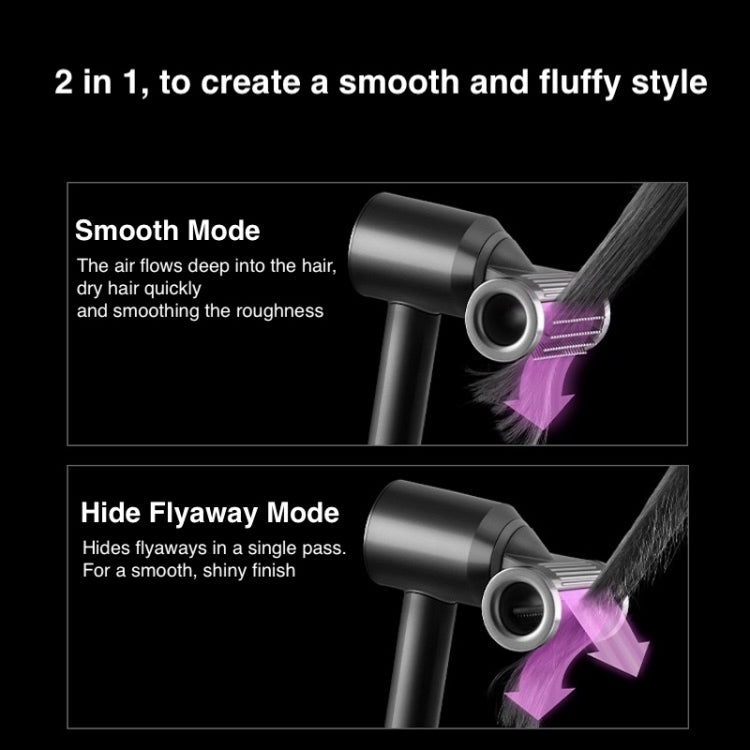 Hair dryer with smooth nozzle attachment in two settings: smooth and hide-flyaway