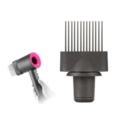 Wide tooth comb hair styling nozzle attachment with black and gray comb teeth