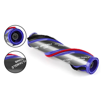 Anti-tangle vacuum brush bar roller, purple end cap, red side bristles, black brush