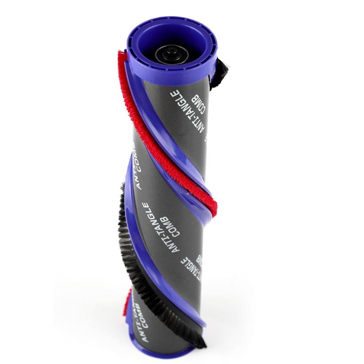 Angled vacuum brush bar roller head, purple base, red side brush, black roller