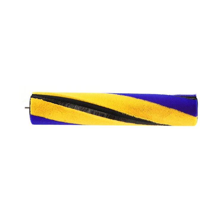 Soft velvet suction brush head with yellow and blue roller and black bristle strip