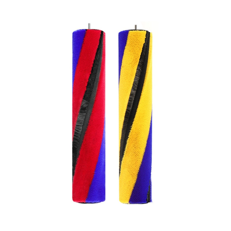 Pair of soft velvet suction brush heads: blue/red and blue/yellow with black bristle strip