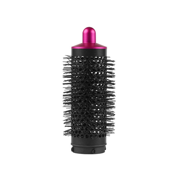 Rose-red cylinder comb hair dryer attachment with black bristles and vented barrel