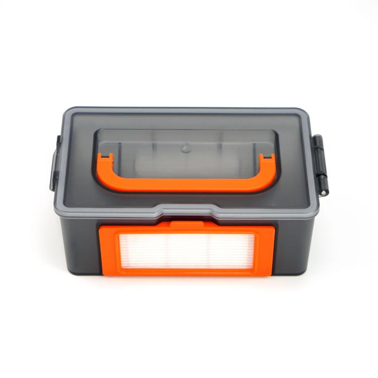 Water tank dust box for robot vacuum, dark gray with orange handle and filter cover