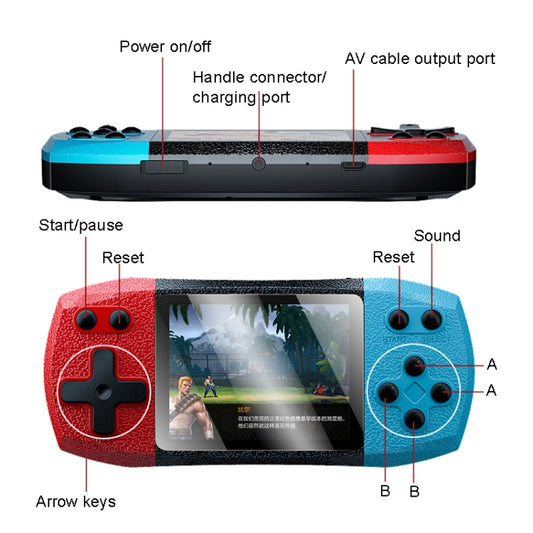 Portable retro handheld game console showing side ports, reset button, and arrow keys