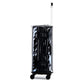 Black suitcase under a clear PVC trolley cover; front panels and handle cutout visible