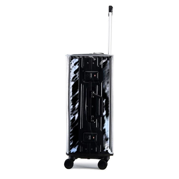 Black suitcase under a clear PVC trolley cover; front panels and handle cutout visible