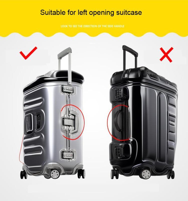 Two suitcases shown with transparent PVC trolley covers; handles and wheels visible