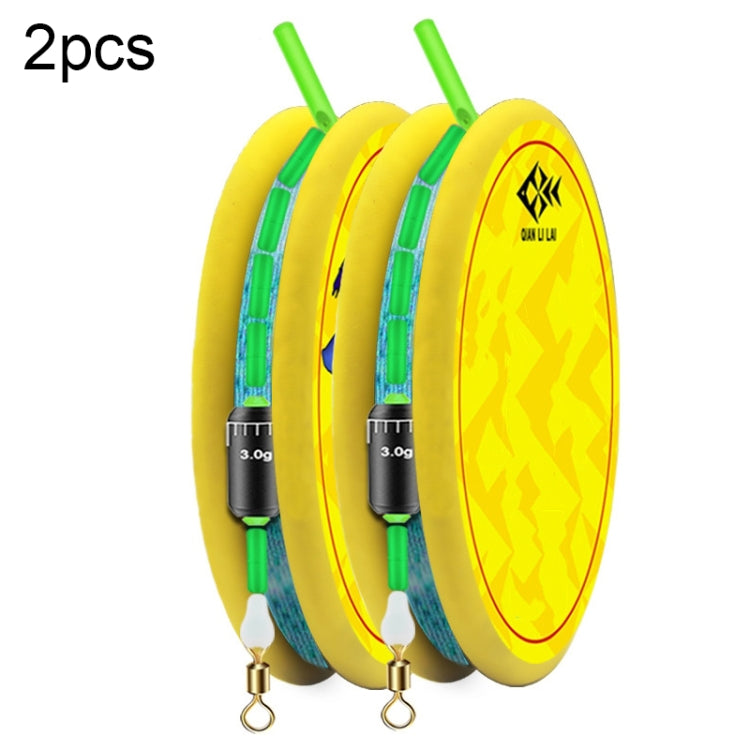 Fishing line spool set with two yellow spools and green line, anti-tangle design