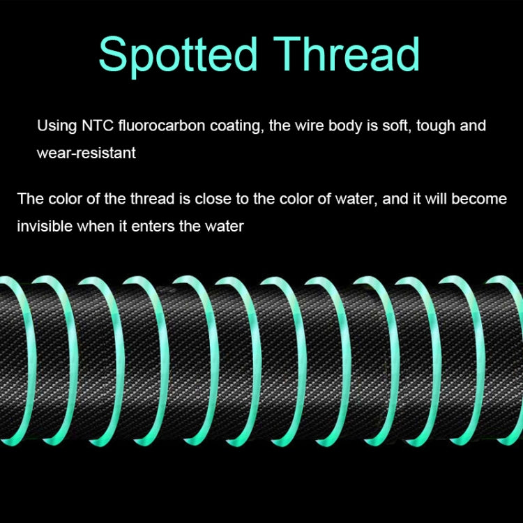 Spotted fishing thread coil with dark line and turquoise loop spacers