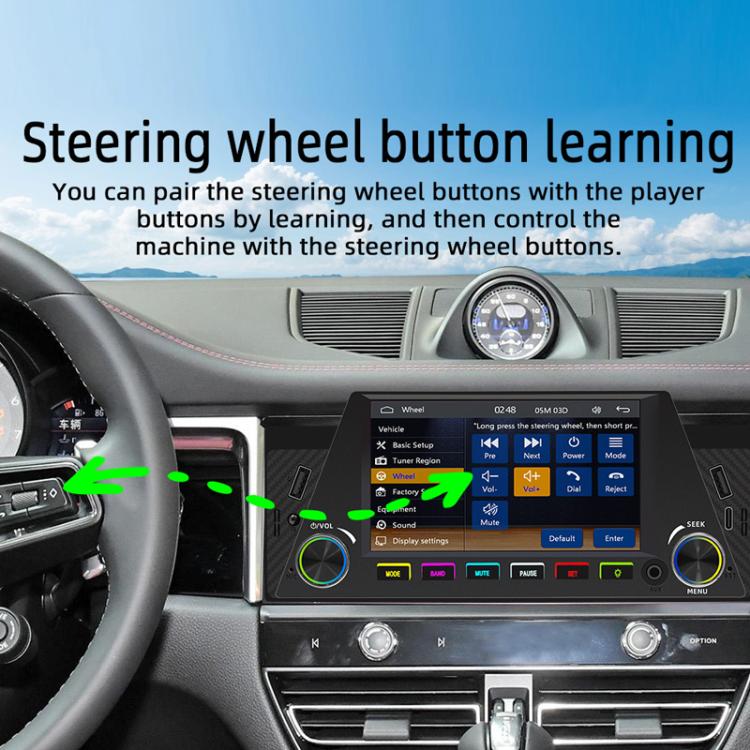 4.7-inch car MP5 head unit with touchscreen, rotary knobs, and button panel in dashboard