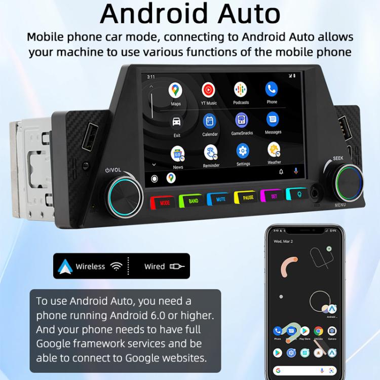 Car MP5 multimedia receiver with Android Auto-style touchscreen phone app view