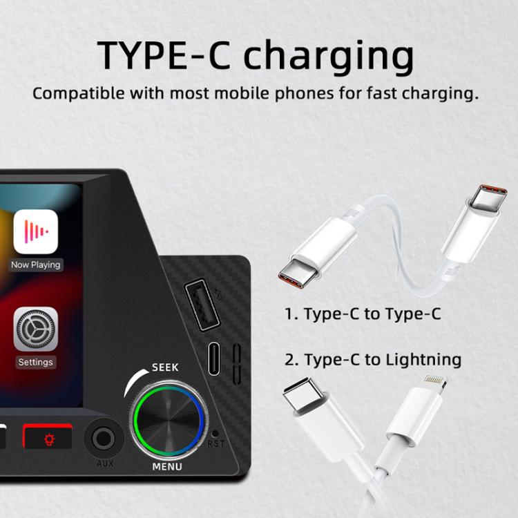 Car MP5 multimedia receiver with Type-C charging port and cable connectors
