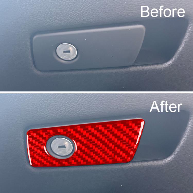 Glove box handle sticker, red carbon fiber with circular cutout