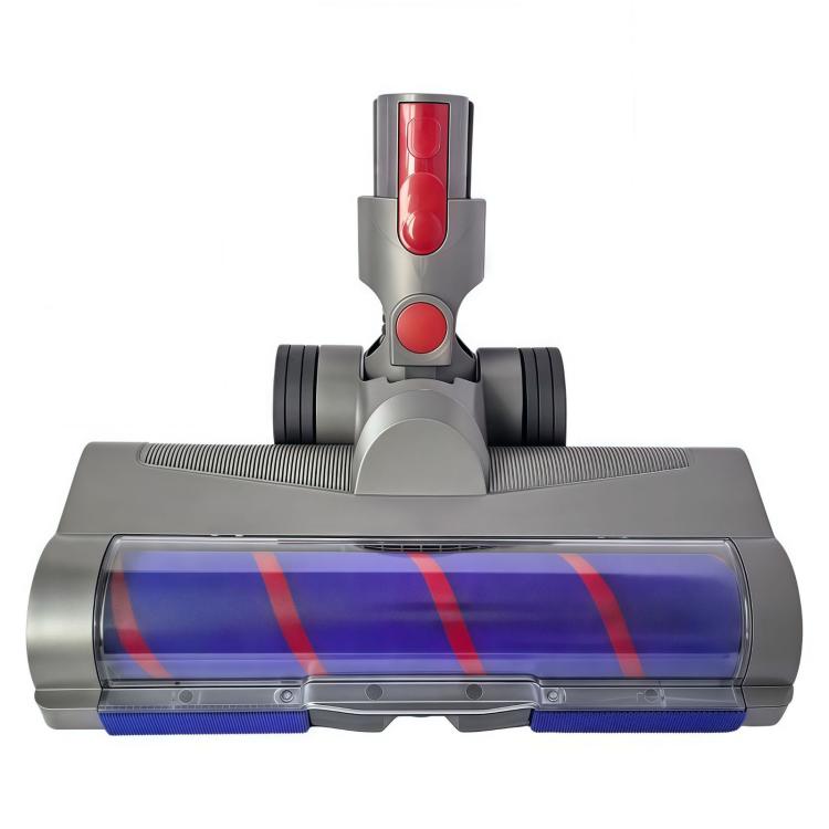 Vacuum floor roller brush head with clear blue roller window and red button